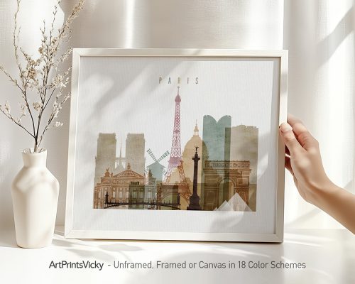 Art print of a Paris cityscape featuring the Eiffel Tower and other landmarks in soft colors.