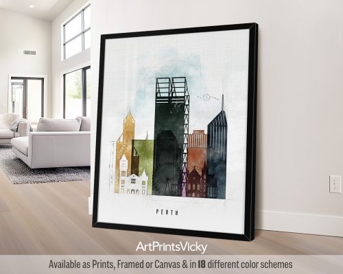 Art print of a cityscape featuring buildings and landmarks from Perth, Australia.