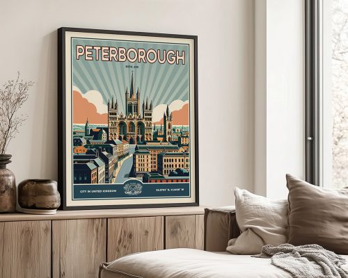 Framed retro print of Peterborough featuring the city's skyline and cathedral.