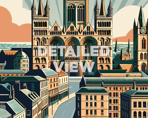 Retro illustration of Peterborough Cathedral with surrounding buildings and a clear sky.