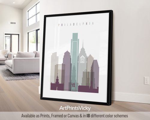 Art print of Philadelphia skyline featuring various buildings in a minimalist style.