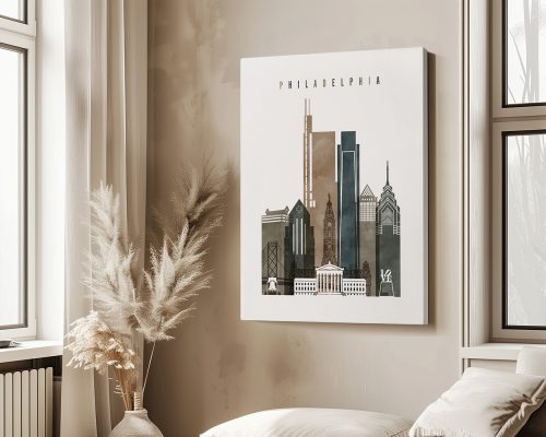Art print featuring a stylized cityscape of Philadelphia with notable buildings and structures.