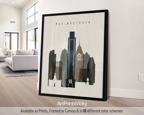 Art print featuring a stylized cityscape of Philadelphia with prominent buildings and a neutral color palette.