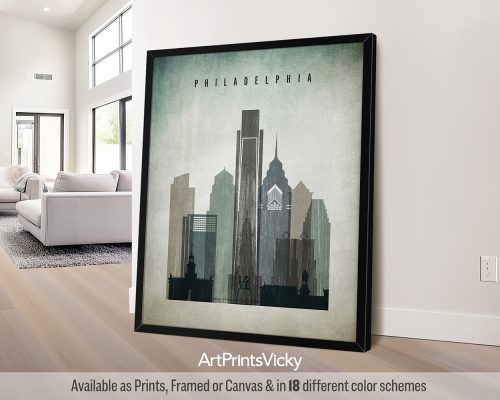 Framed print of a cityscape featuring Philadelphia's skyline with notable buildings.