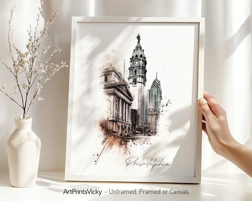 Artistic drawing of Philadelphia's skyline with notable buildings and a hand holding the framed artwork.