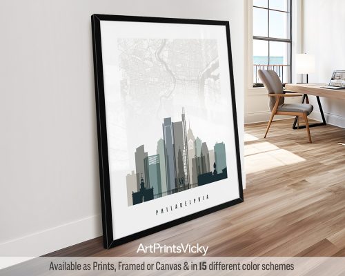 Framed print of the Philadelphia city skyline with a minimalist design.