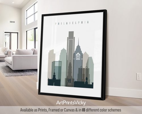 Framed print of a cityscape featuring Philadelphia's skyline with various buildings.