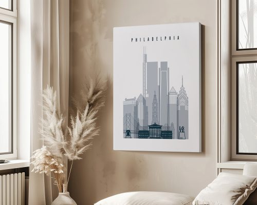 Art print of the Philadelphia skyline featuring notable buildings and structures.