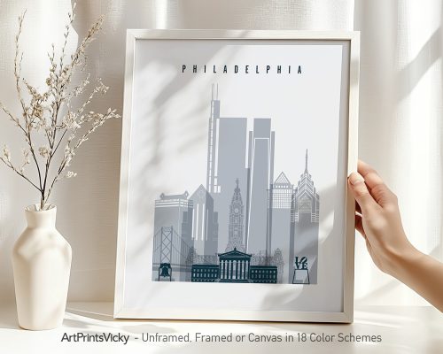 Framed cityscape print of Philadelphia featuring notable buildings and landmarks.