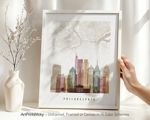 Art print of Philadelphia city skyline with a map overlay in soft colors.