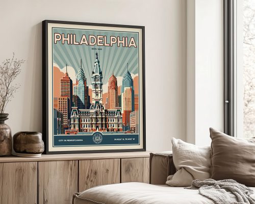 Framed retro print of Philadelphia featuring city skyline and historical architecture.