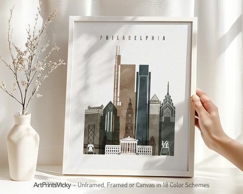 Art print featuring a stylized cityscape of Philadelphia with notable buildings and structures.
