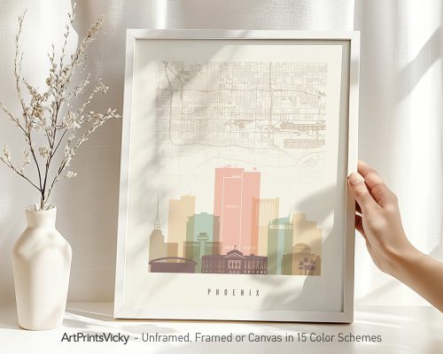 Map of Phoenix featuring key buildings and streets in a minimalist design.