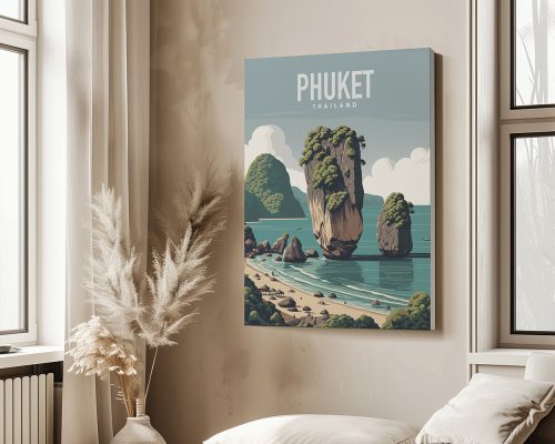 Art print featuring a stylized illustration of Phuket, Thailand with rocky formations and a beach.