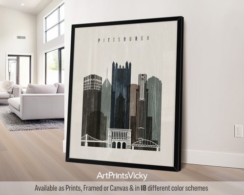 Art print featuring a stylized illustration of Pittsburgh's skyline with notable buildings.