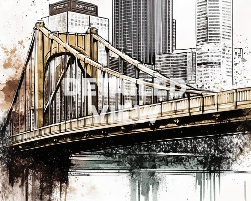 Illustration of a bridge in Pittsburgh with city buildings in the background.