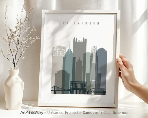 Framed print of Pittsburgh city skyline featuring notable buildings and structures.