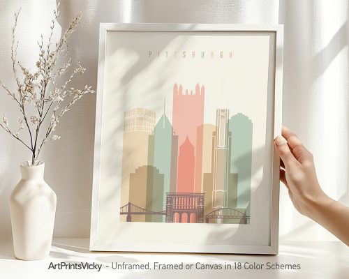Art print of a stylized cityscape of Pittsburgh featuring buildings and a bridge.