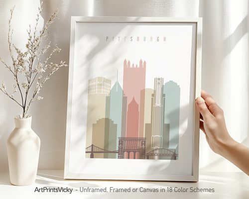 Art print featuring a stylized cityscape of Pittsburgh with notable buildings and a bridge.