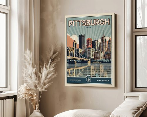 Retro-style print of Pittsburgh featuring the city skyline and a bridge over water.