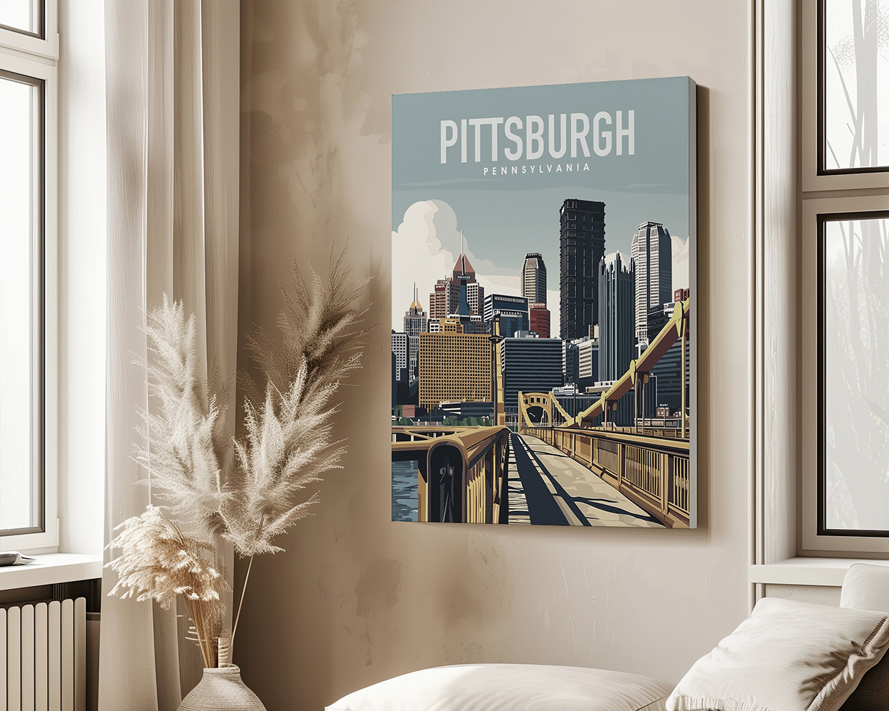 Art print of Pittsburgh skyline featuring buildings and a bridge with the text 'Pittsburgh Pennsylvania'.