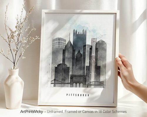 Art print of a cityscape featuring the skyline of Pittsburgh with notable buildings.