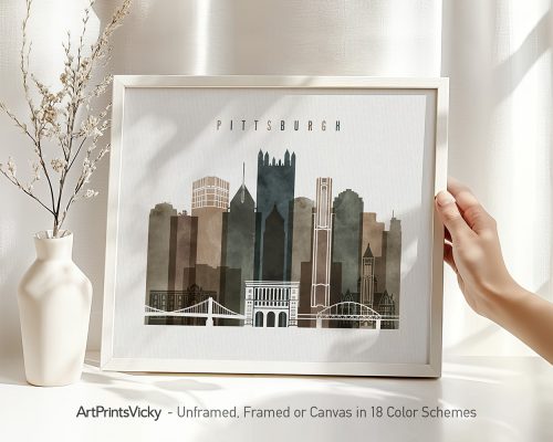 Art print of Pittsburgh skyline featuring various buildings and structures in a minimalist style.