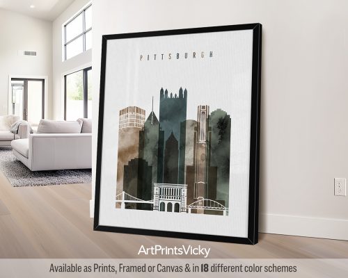 Art print of Pittsburgh cityscape featuring buildings and landmarks in a watercolor style.