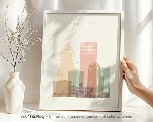 Art print featuring a stylized cityscape of Portland with buildings and a flag.