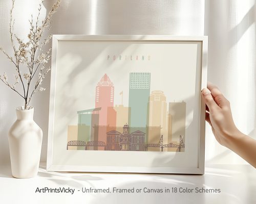 Art print featuring a stylized cityscape of Portland with buildings and bridges in soft colors.