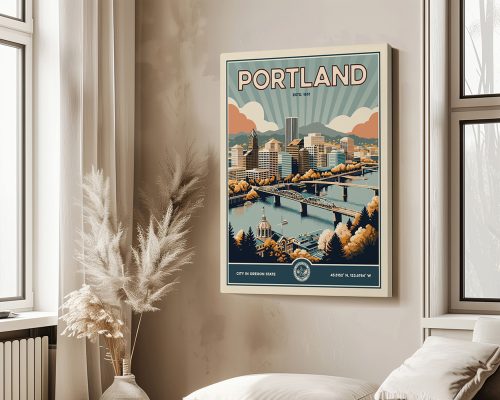 Retro-style art print of Portland featuring buildings and a bridge over a river.