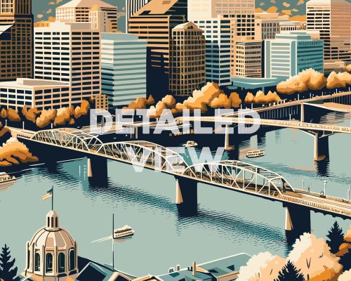 Illustration of Portland cityscape featuring buildings, bridges, and water with boats.