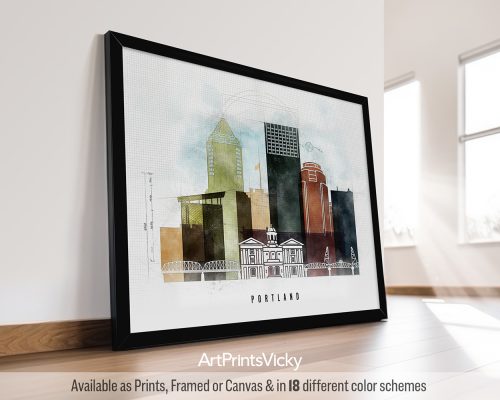 Framed artwork depicting a cityscape of Portland with various buildings and a bridge.