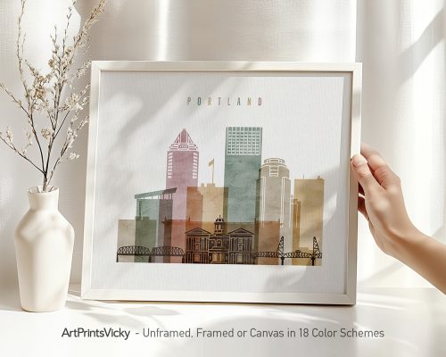 Art print of Portland cityscape featuring buildings and a bridge in soft colors.