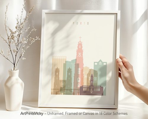 Art print of Porto cityscape featuring buildings in various colors and styles.