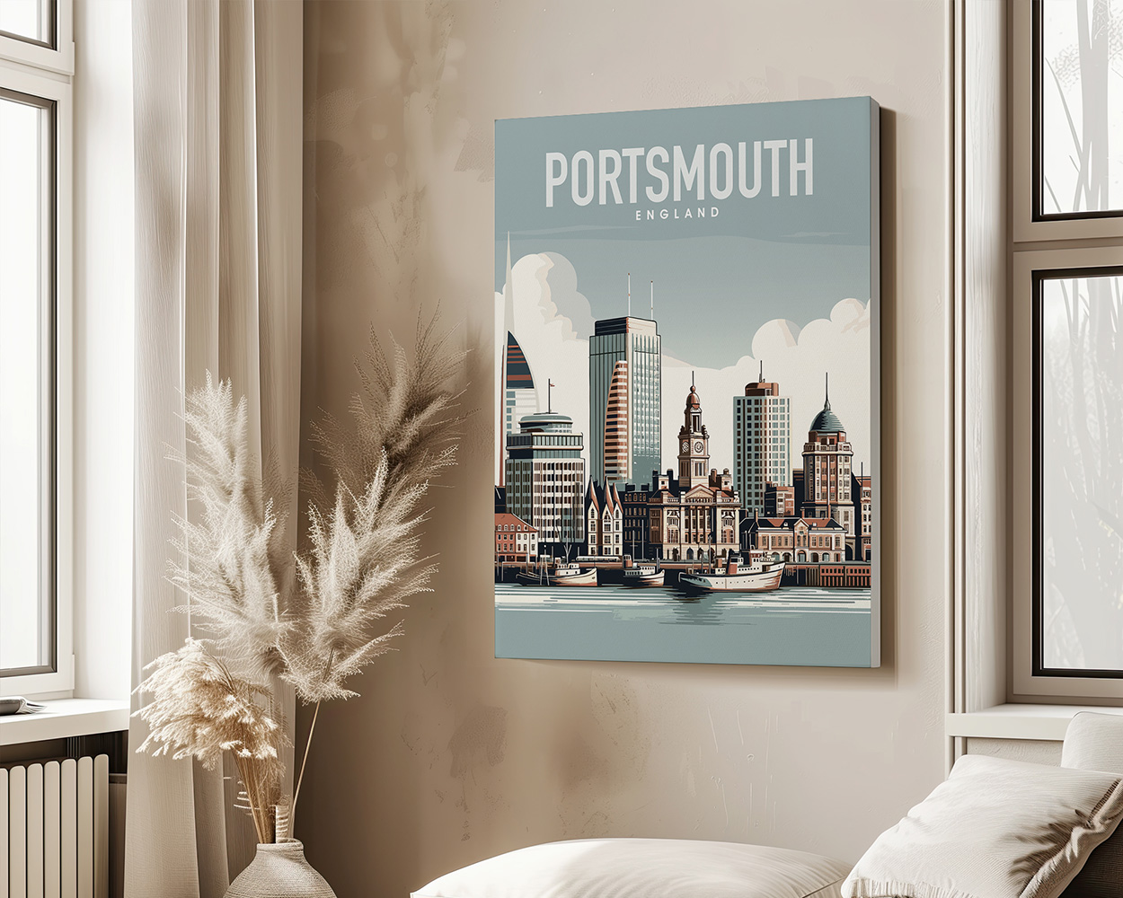 Art print featuring a stylized illustration of Portsmouth, England with buildings and clouds.