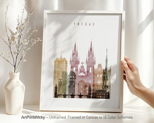 Art print featuring a stylized cityscape of Prague with notable buildings and the word 'Prague' at the top.