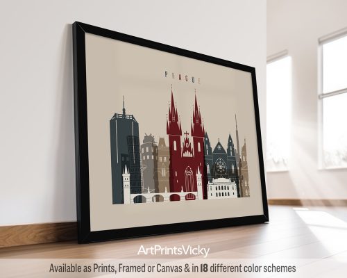 Art print featuring a stylized cityscape of Prague with notable buildings in various colors.
