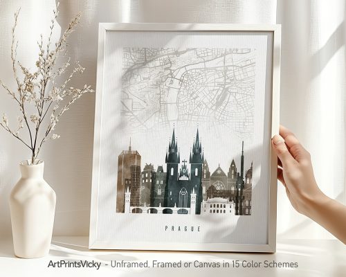 Art print of a map of Prague with prominent buildings and landmarks illustrated.