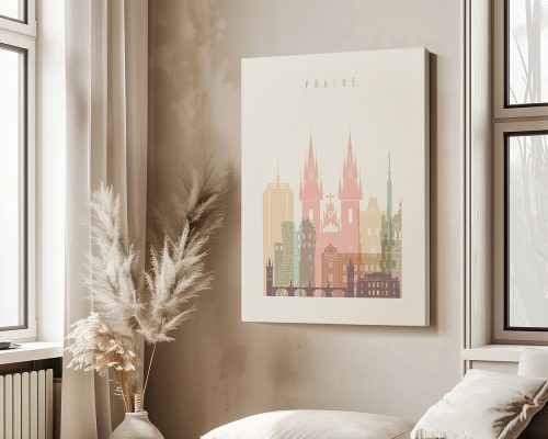 Art print featuring a stylized cityscape of Prague with notable buildings and landmarks.