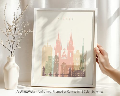 Art print of Prague featuring stylized buildings and towers in pastel colors.