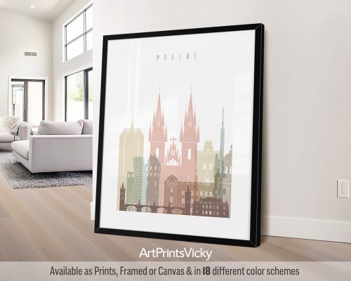 Framed artwork depicting a stylized cityscape of Prague with notable buildings and landmarks.