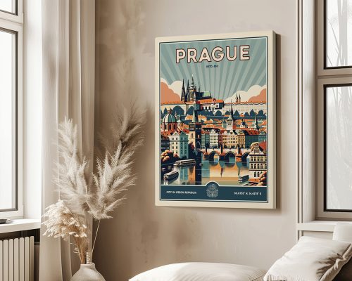Retro poster of Prague featuring cityscape with buildings and river in a colorful design.