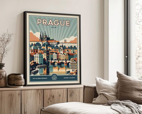 Retro poster of Prague featuring the city's skyline and landmarks in a colorful design.