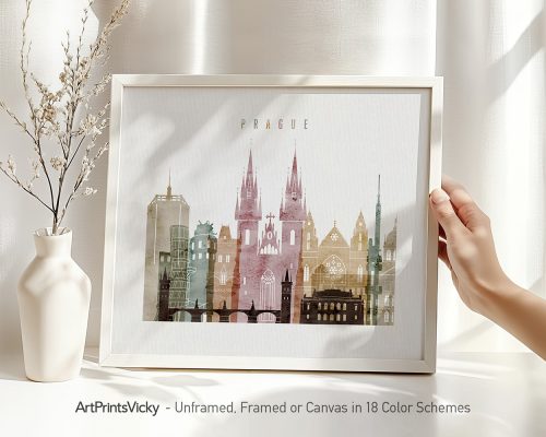 Art print featuring a stylized cityscape of Prague with notable buildings and landmarks.