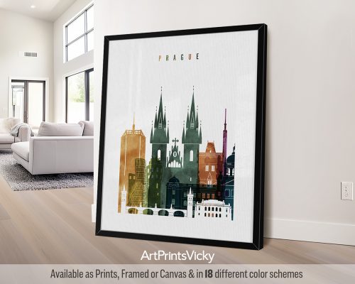 Art print featuring a stylized cityscape of Prague with notable buildings and towers in various colors.