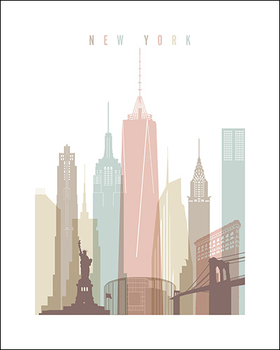 Illustration of the New York City skyline featuring the Statue of Liberty and One World Trade Center.