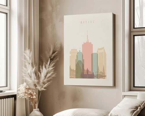 Art print of Quebec City skyline featuring buildings in pastel colors on a light background.