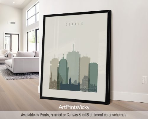Art print of the Quebec City skyline featuring various building silhouettes in muted colors.