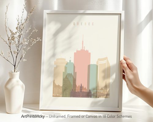 Art print of Quebec City skyline featuring various buildings in pastel colors.